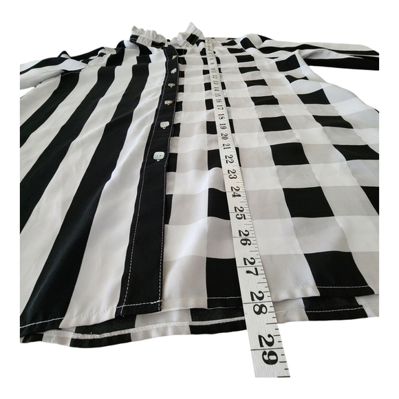 MiRELLE Black & White Contrast Striped & Plaid Ruffle Stand Collar Blouse Size L - Picture 9 of 11